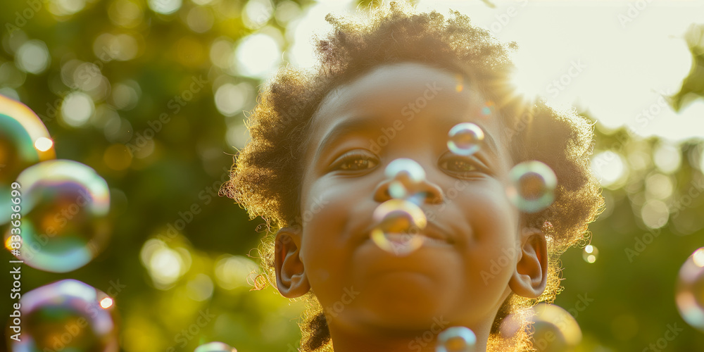 Joyful Child Playing with Bubbles Outdoors in Sunlit Garden Joyful Child Playing with Bubbles Outdoors in Sunlit Garden