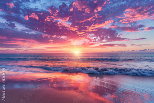 A breathtaking sunset over the ocean with vibrant colors and calm waves