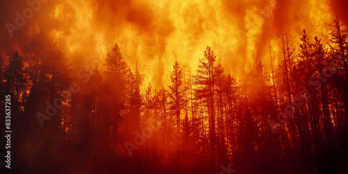 Intense Forest Fire Engulfing Trees with Raging Flames and Thick Smoke