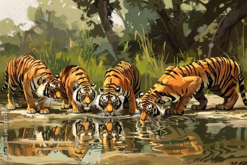 A stunning illustration of a group of tigers quenching their thirst at a watering hole.