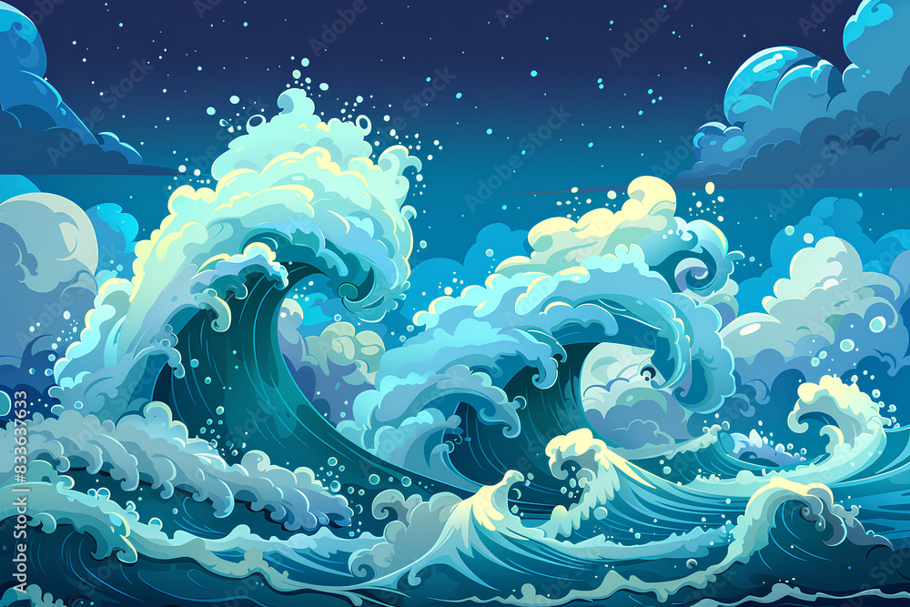 Sea wave, Powerful Ocean Wave, Abstract watercolor hand drawn illustration, Tsunami Wave