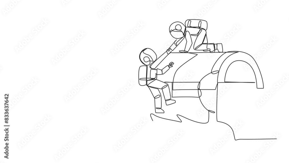 Animation of single continuous line drawing young astronaut helps colleague climbing the big treasure chest. Get extraordinary profits. Share equally. Stronger together. Reward. Full length motion Animation of single continuous line drawing young astronaut helps colleague climbing the big treasure chest. Get extraordinary profits. Share equally. Stronger together. Reward. Full length motion