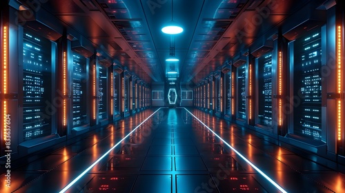 Captivating Futuristic Data Center Illuminated Corridors of Digital Infrastructure