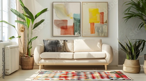 Sofa blanc avec des coussins, cadre décoratif au mur, salon calme et confortable, ia générative