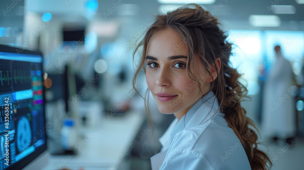 Woman in Lab Coat Analyzing Computer Screen Woman in Lab Coat Analyzing Computer Screen