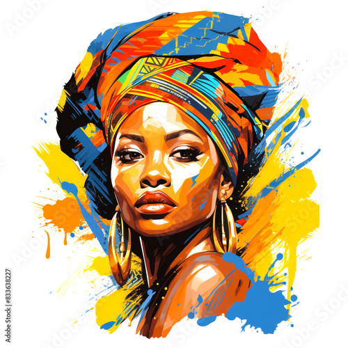 Portrait of a beautiful African black woman with many colorful accessories. Stunning brightly colored outfits, white background.