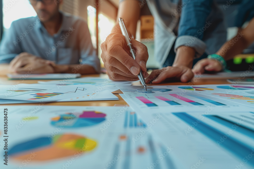 Business team meeting to analyze data charts for marketing plans and office profits. Business team meeting to analyze data charts for marketing plans and office profits.