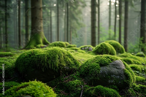 Moss-covered stones in a tranquil forest