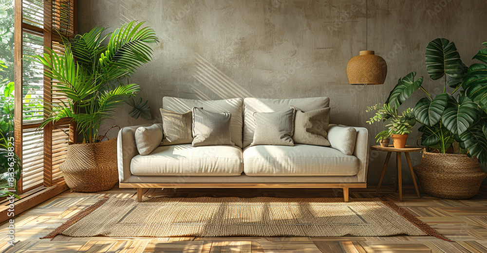 A simple living room with beige walls, a white sofa and a wooden armchair A simple living room with beige walls, a white sofa and a wooden armchair