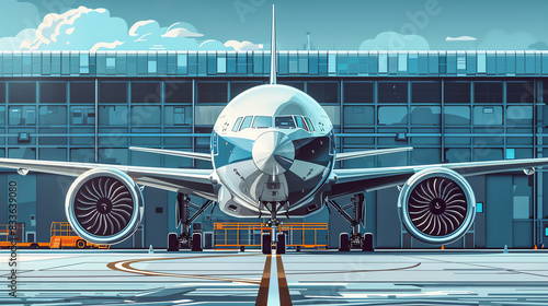 A wide-body airliner is parked on the tarmac at an airport. Front veiw. Generative ai. photo