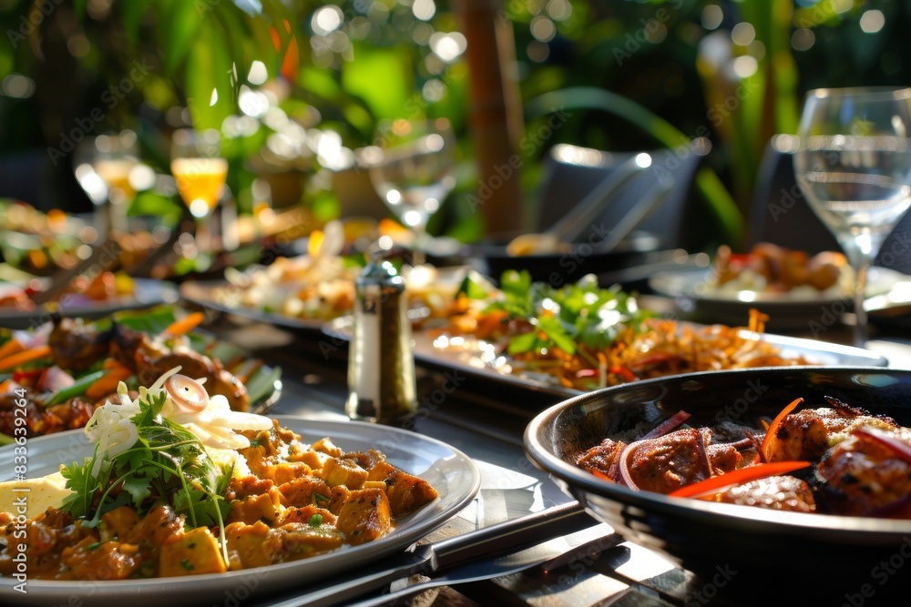 Indulge in a vibrant outdoor dining scene showcasing a diverse selection of beautifully presented international dishes, offering a true taste of multicultural culinary experiences. Indulge in a vibrant outdoor dining scene showcasing a diverse selection of beautifully presented international dishes, offering a true taste of multicultural culinary experiences.
