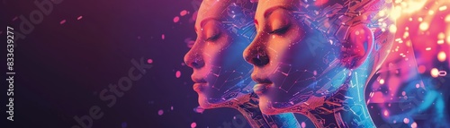 Abstract depiction of human heads with vibrant neural connections, representing artificial intelligence and futuristic technology. photo