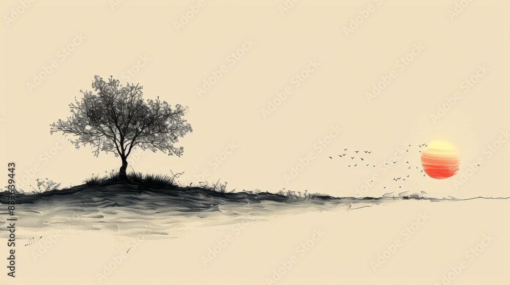 Fototapeta premium single line art, minimalist line art tree illustration created with a single continuous line for the trunk and branches, showcasing simplicity and elegance