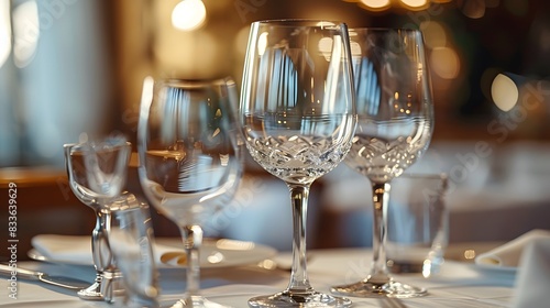 Elegant wine glasses on an elegant table setting in a restaurant, captured, showcasing the texture of the crystal glassware. emphasize the focus on the sophisticated dining experience.