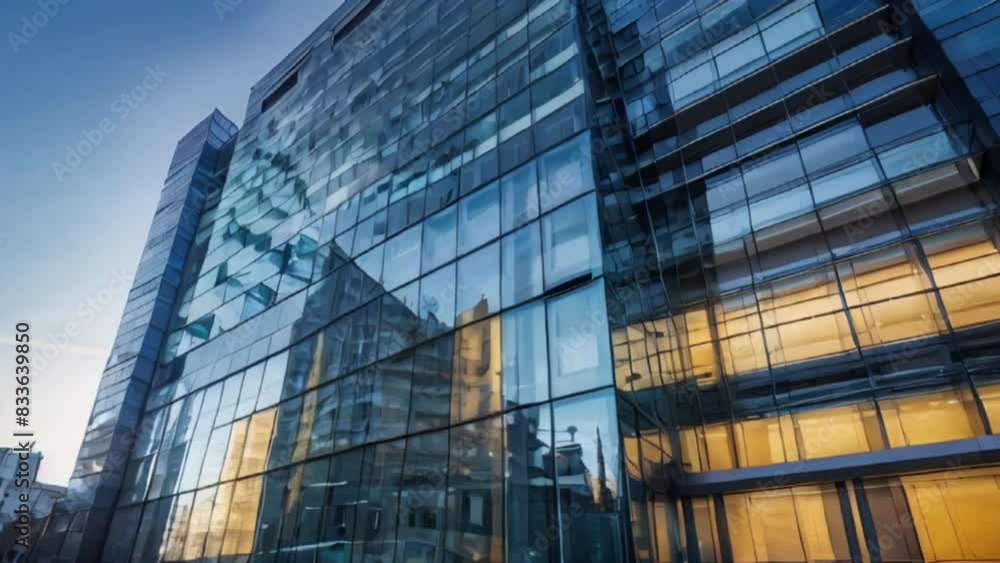 Glass wall of a modern business office building in city in blue light and blurred background, business concept,digital video created with generative ai. Glass wall of a modern business office building in city in blue light and blurred background, business concept,digital video created with generative ai.