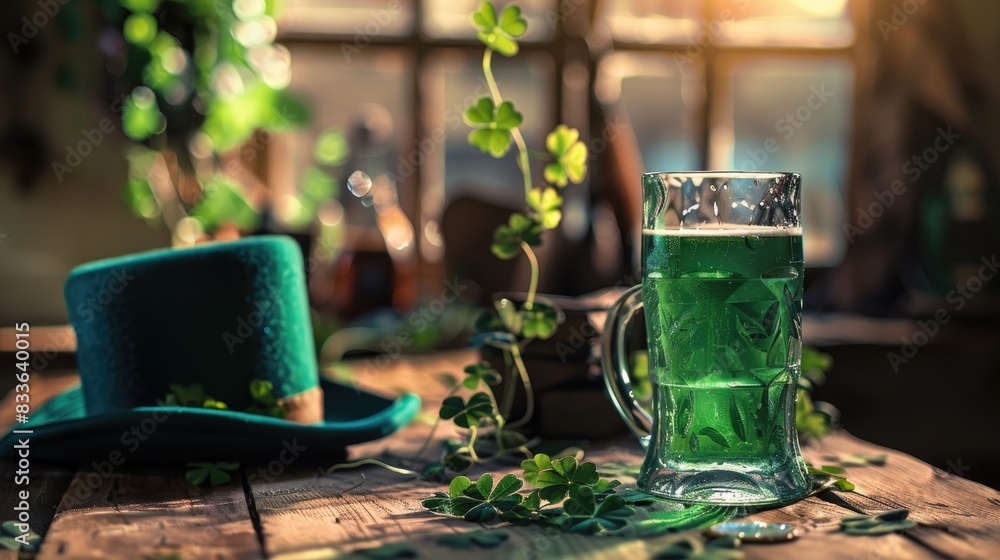 Celebrating St Patrick s Day with green beer leprechaun hat and clover leaves on a table Celebrating St Patrick s Day with green beer leprechaun hat and clover leaves on a table