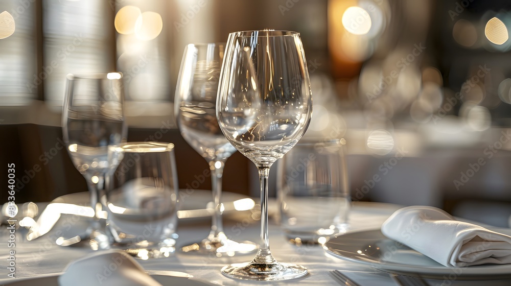 Elegant wine glasses on an elegant table setting in a restaurant, captured, showcasing the texture of the crystal glassware. emphasize the focus on the sophisticated dining experience.