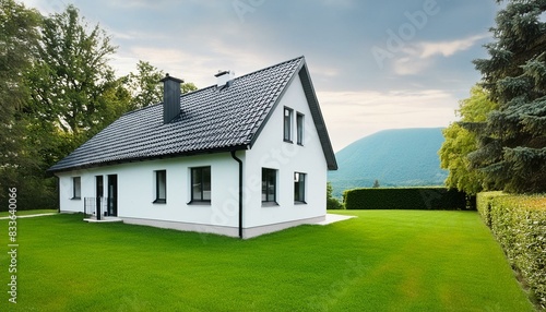 White family house with black pitched roof tiles, and beautiful front yard with green lawn. Outside view