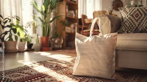 A cloth bag mockup featuring a bohemian print, set against a cozy, bohostyle living room background photo