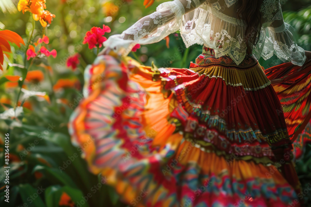 Naklejka premium Paraguayan Woman in Traditional Dance Attire Dancing in Vibrant Garden