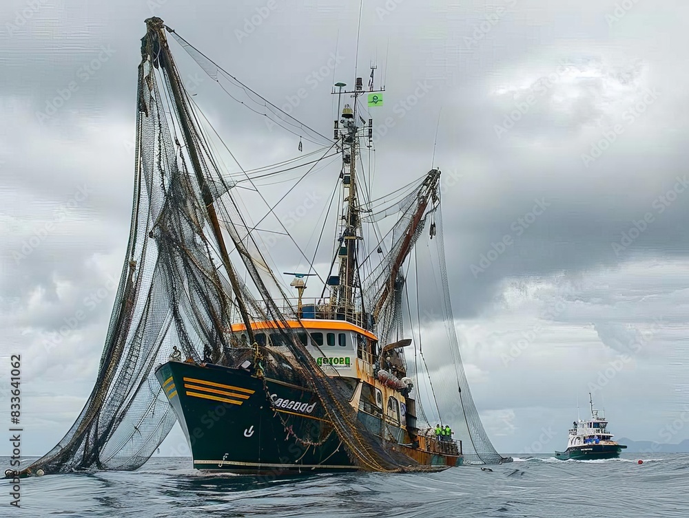 Obraz premium Large fishing vessel in the sea using massive nets to catch fish, with Greenpeace boat nearby monitoring the activity