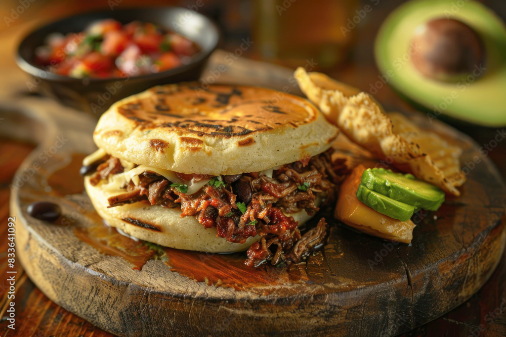 Venezuelan Arepa Filled with Shredded Beef, Black Beans, and Cheese Venezuelan Arepa Filled with Shredded Beef, Black Beans, and Cheese