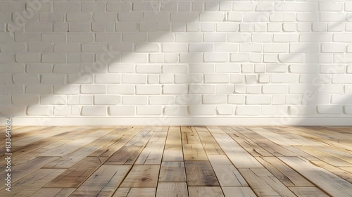 Empty white wall background interior with a wooden floor and light beige brick texture, a room mock up for presentation of a design concept in the style of home decoration.