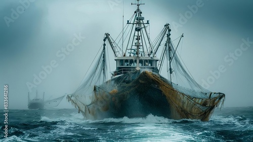 Massive fishing boat in the open sea, casting large nets, Greenpeace ship watching closely