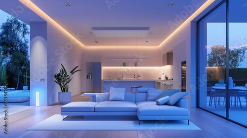 Smart Home Interior  Illustrate the interior of a smart home with integrated technology  voice-activated systems  and minimalist design.
