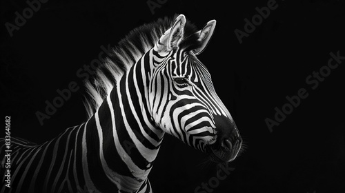 A stunning black and white zebra, its striped pattern blending against a transparent backdrop, photographed with unparalleled clarity.