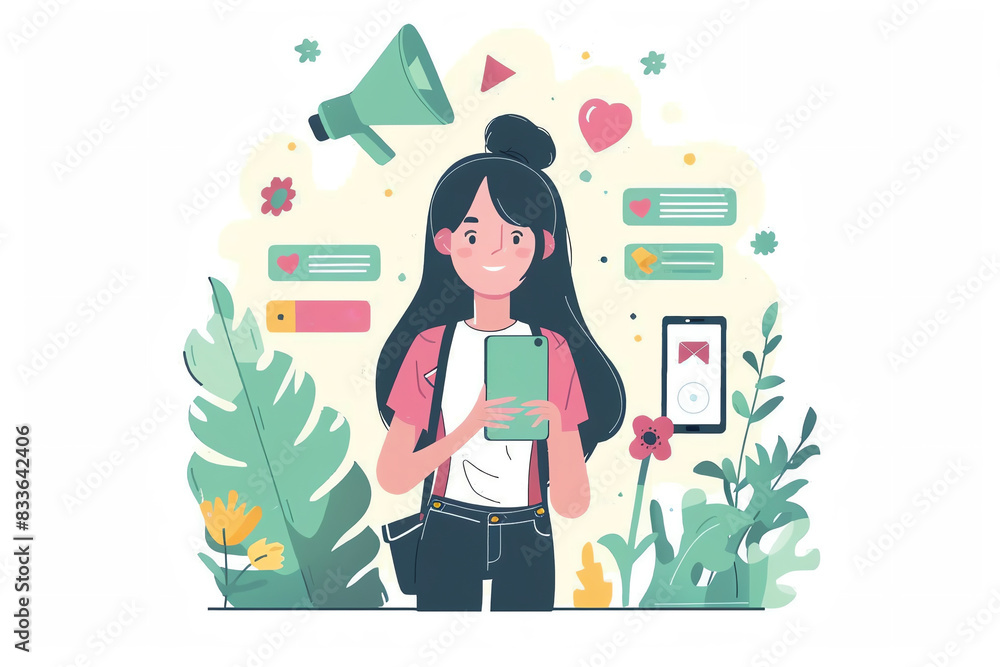 Young woman using social media in smartphone and looking at it. Generative ai. Young woman using social media in smartphone and looking at it. Generative ai.