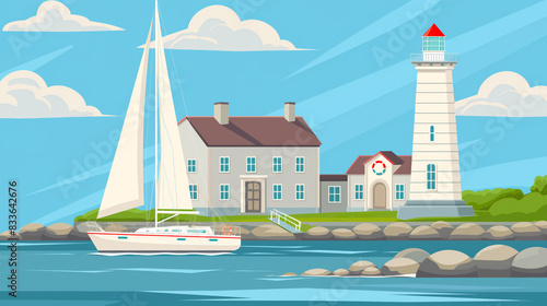 A white lighthouse adjacent to a building, a sailing boat on the water, and a blue sky, illustration