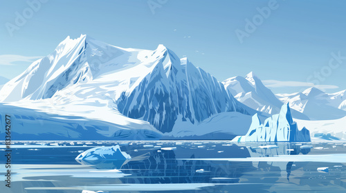 Arctic landscape with icebergs and snowcapped mountains, illustration