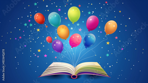 An open book with colorful balloons and stars flying out of it, illustration