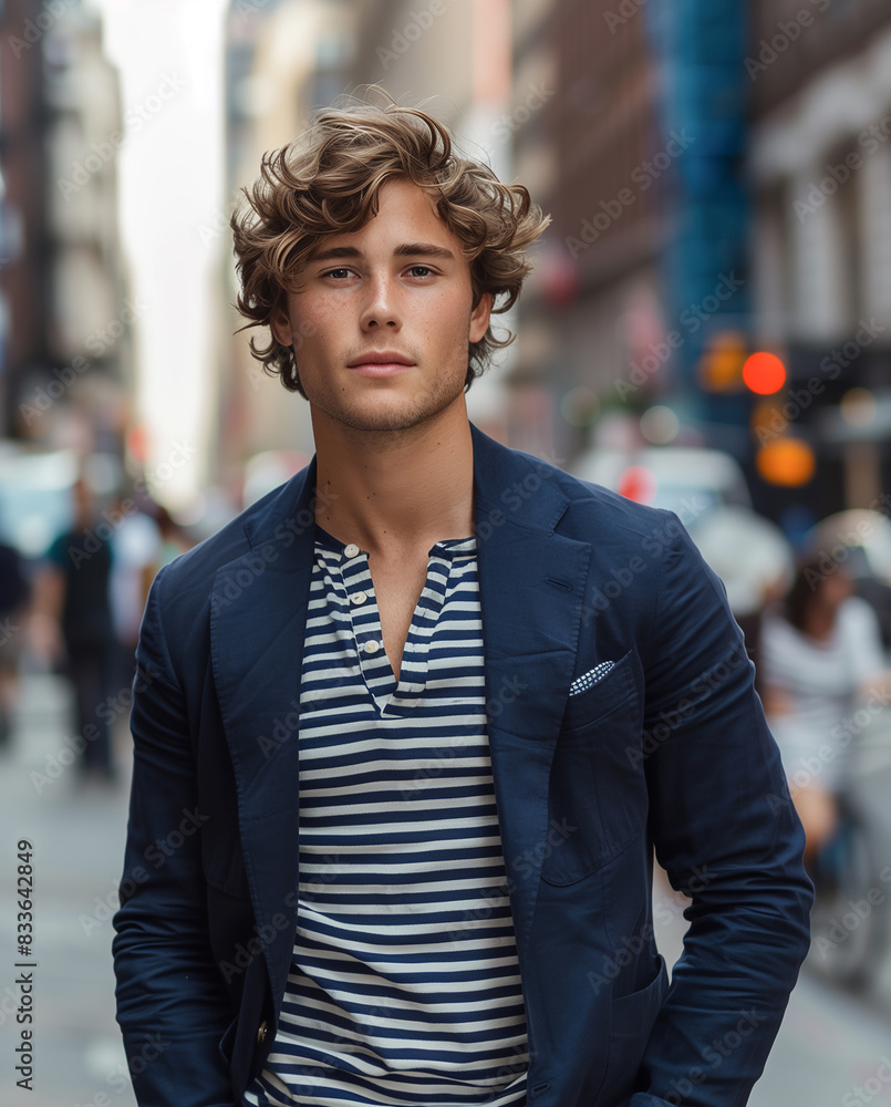 Obraz premium Capture of a young man dressed in a stylish navy blue blazer and striped shirt, standing confidently on a bustling city street, generative ai