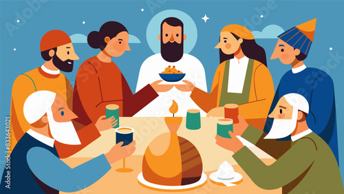 The room is alive with energy as representatives from different faiths break bread together symbolizing unity and harmony.. Vector illustration