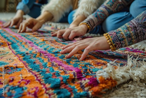 A group of people are laying on a rug, with their hands on it