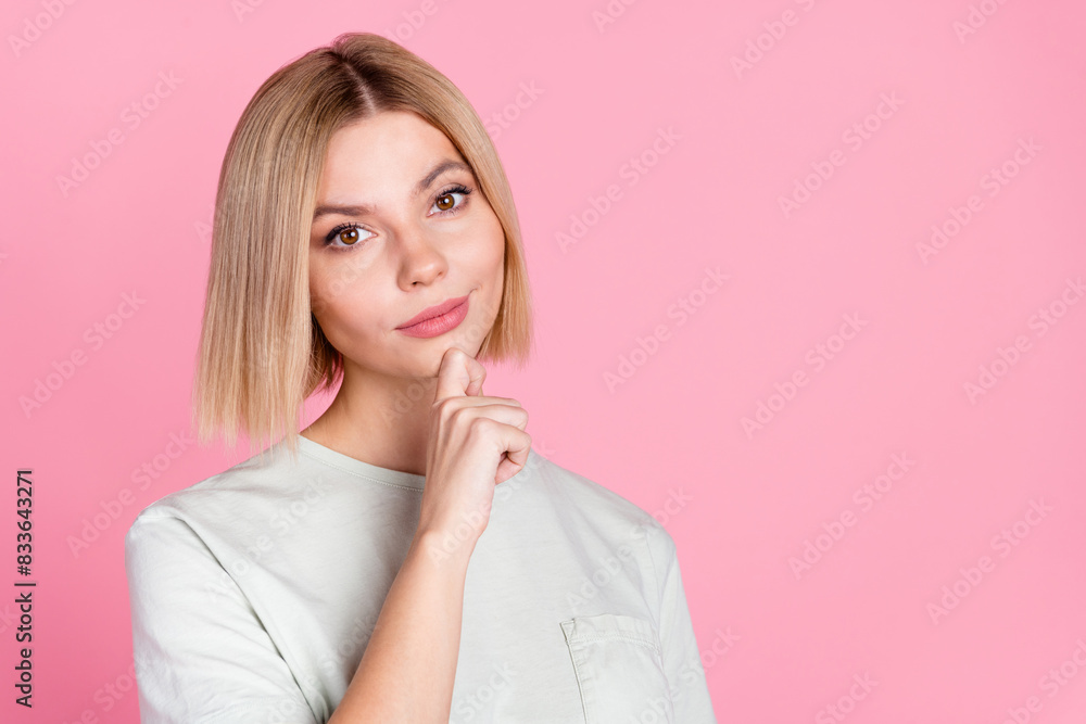 Portrait of nice young lady think wear t-shirt isolated on pink color background Portrait of nice young lady think wear t-shirt isolated on pink color background