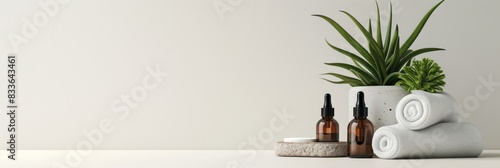 Spa arrangement  featuring essential oils  a rolled up towel  and a small plant  set against a clean white backdrop