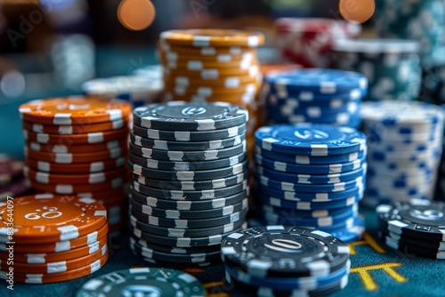 A stack of multicolored casino chips on a gambling table, focus on chips