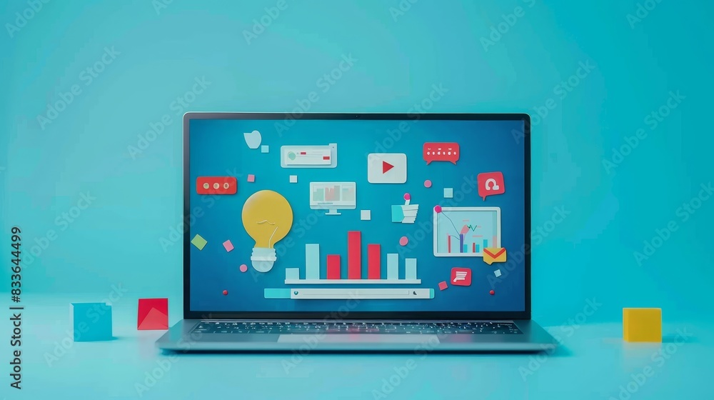 Laptop on a blue desk displaying social media icons, charts, and graphs, representing digital marketing and data analytics concepts. Laptop on a blue desk displaying social media icons, charts, and graphs, representing digital marketing and data analytics concepts.