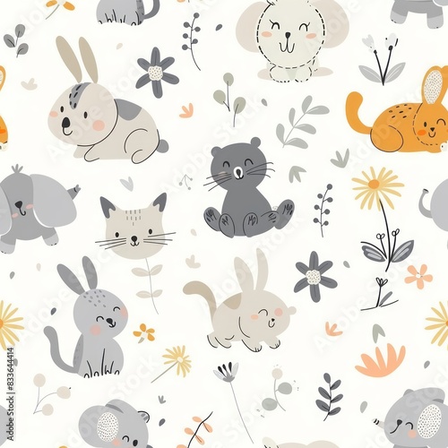 Seamless repeating pattern little sweet rabbit and elephant and cat 