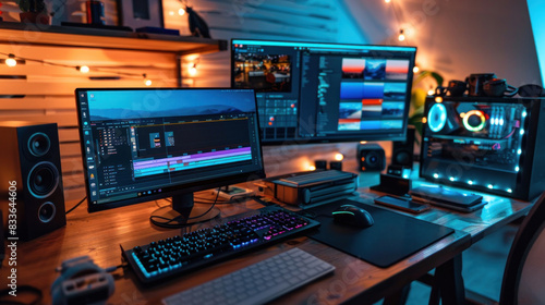 a desktop arrangement for a freelance editor, complete with a laptop computer and a widescreen monitor. editing equipment videos for vlogs or other online content. © Wararat