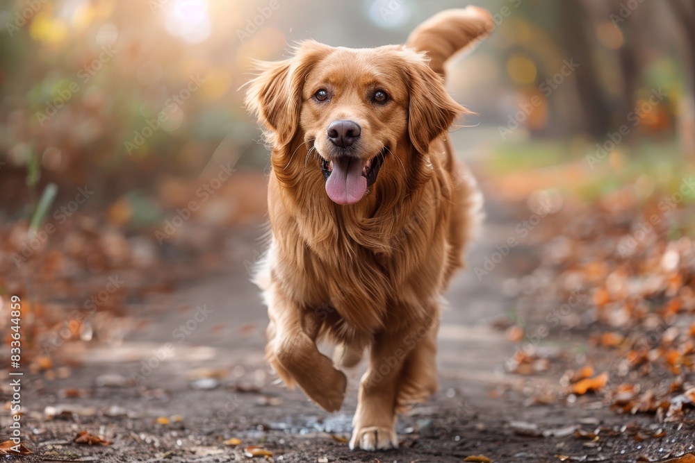 A golden retriever captured in motion with its face blurred amidst autumn foliage A golden retriever captured in motion with its face blurred amidst autumn foliage