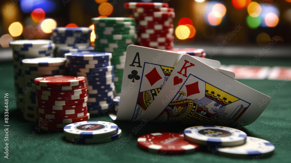 a table set for a card game, with playing cards and stacks of chips neatly arranged. The scene conveys anticipation and the competitive spirit of a high-stakes game. a table set for a card game, with playing cards and stacks of chips neatly arranged. The scene conveys anticipation and the competitive spirit of a high-stakes game.