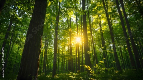 Green forest with tall trees and sunlight shining through the leaves  symbolizing nature s beauty and hope for sustainable development.