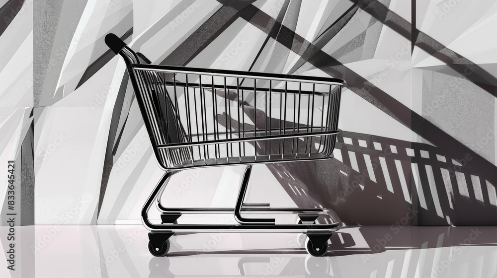 Obraz premium Gentle lavender backdrop featuring a 3D empty shopping cart, rendered in a minimalist design, perfect for concepts of consumer behavior or market emptiness