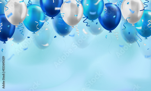 Wallpaper with lots of 3d blue realistic glossy balloons and confetti on blurred background with blank space for greeting text. Banner for birthday, celebration party, sale, opening event, holiday