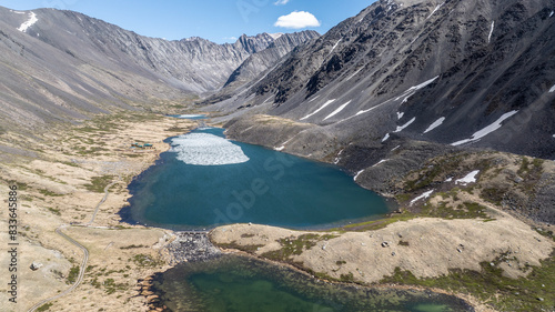 stunning landscapes of mountains, lakes and rivers from a drone flight in the southern regions of Altai in May