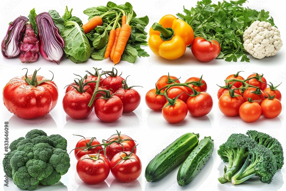 A selection of fresh vegetables arranged neatly on a white backdrop, ideal for health-related themes A selection of fresh vegetables arranged neatly on a white backdrop, ideal for health-related themes